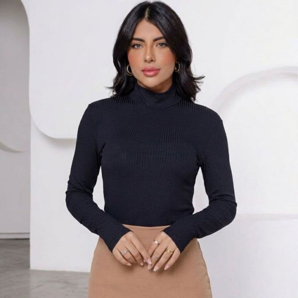 Blusa Térmica Feminina Canelada Segunda Pele Gola Alta Manga Longa Elegante