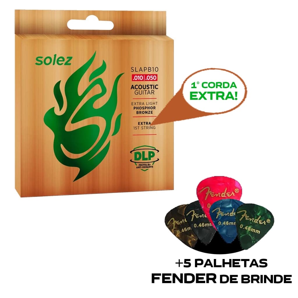 Encordoamento Para Violão Aço 010 Solez Slapb10 Phosphor Bronze + Brinde 5 Palhetas Fender