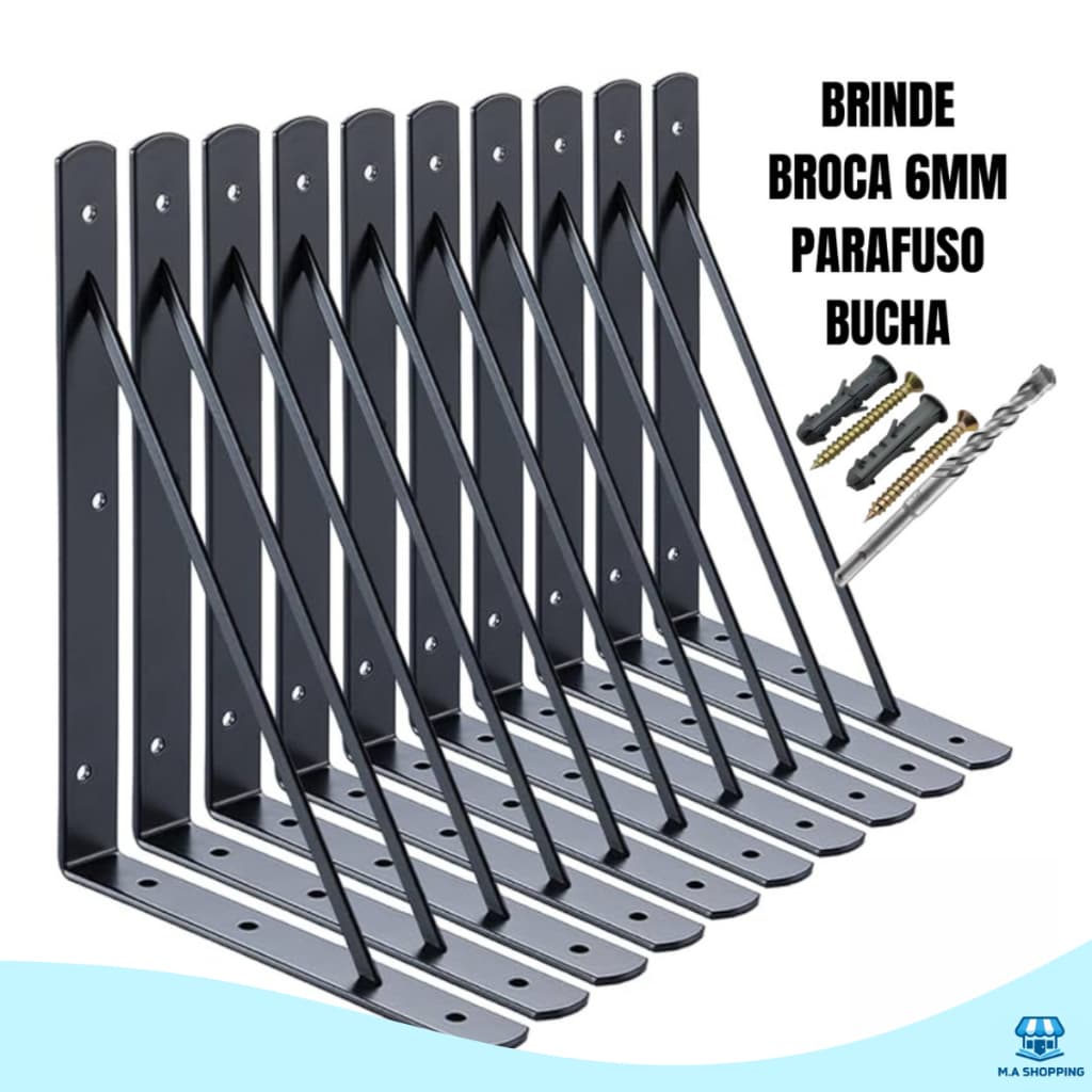Suportes Mão Francesa Preta 19cm/23cm/29cm Canto Tábua Cantoneira Reforçada Com Broca - BBP