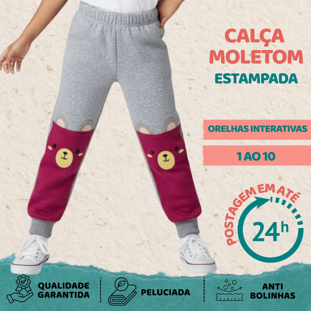 Calça Moletom Infantil Menina Jogger Felpada Quentinha Com Punho Estampa Interativa Inverno 1 Ao 10