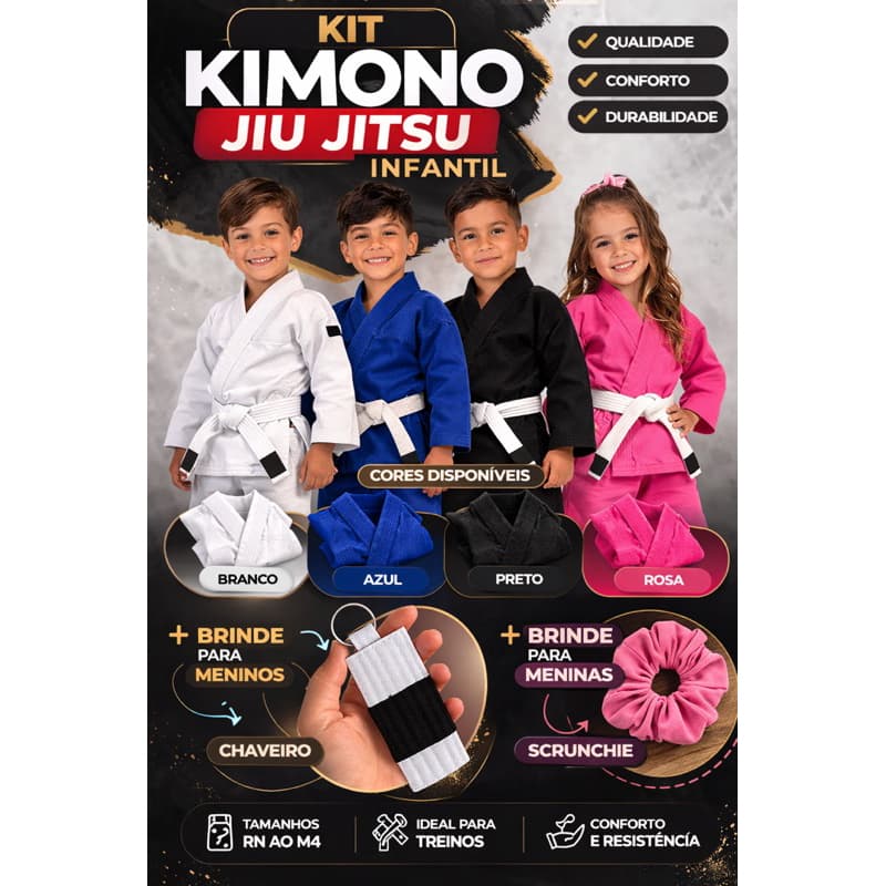 Kimono Infantil Jiu Jitsu Reforçado RN ao M4 + Brinde (Chaveiro ou Scrunchie)