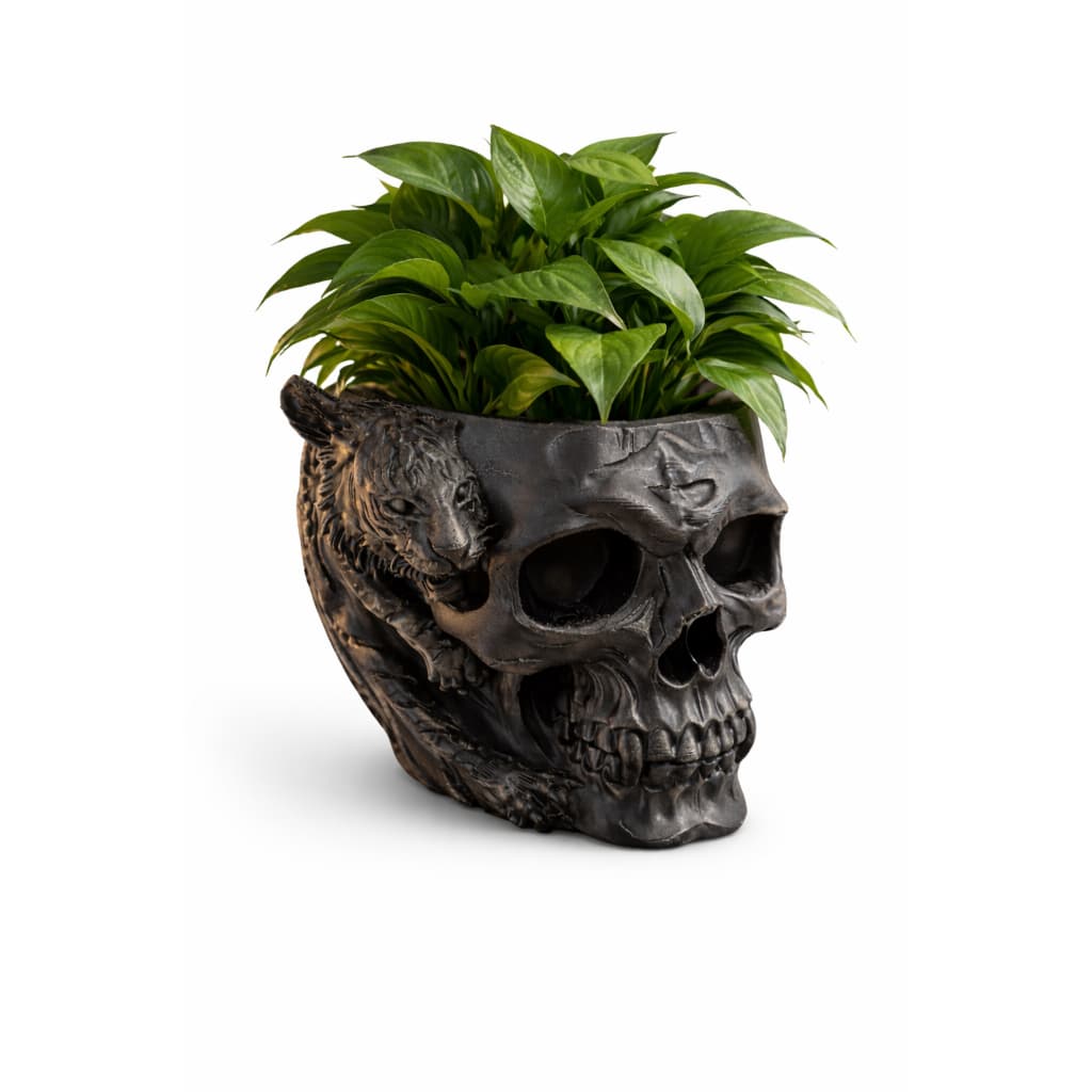 Vaso Decorativo Caveira com Tigre Preto 15cm Porta Planta para Mesa ou Estante