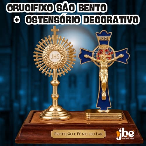 Kit Religioso Ostensório Dourado 8cm + Crucifixo São Bento 8cm Proteção Fé Oratório Altar Católico Medalha Deus