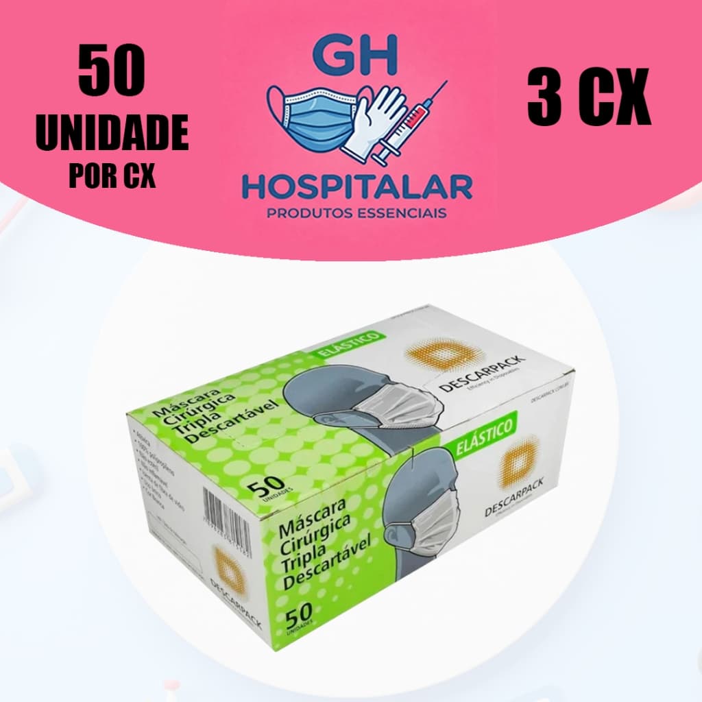 KIT 3CX Máscara Descartável Tripla, Branca, Clip Nasal, C/elástico - Descarpack
