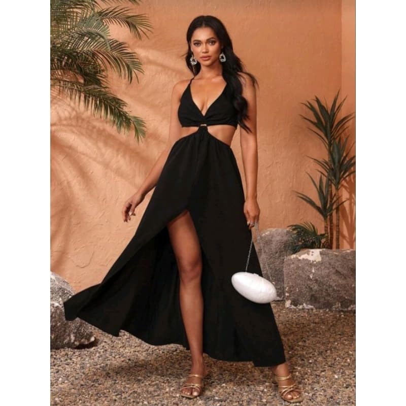 Vestido Preto Feminino com abertura frontal e costas nua