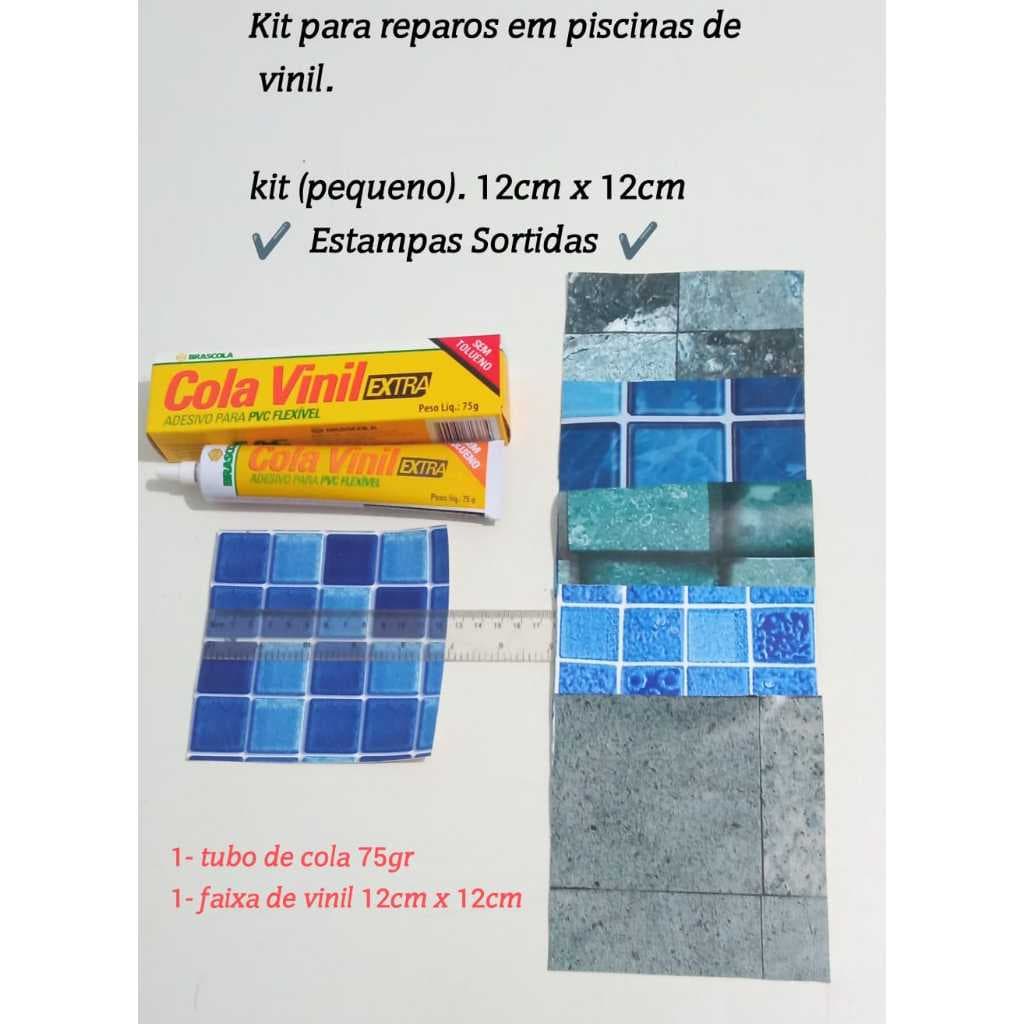 Reparos Para Piscinas Kit Cola Vinil mais Tira Vinil Para Reposição Vinil 12cm x 12cm + 1 Tubo de Cola