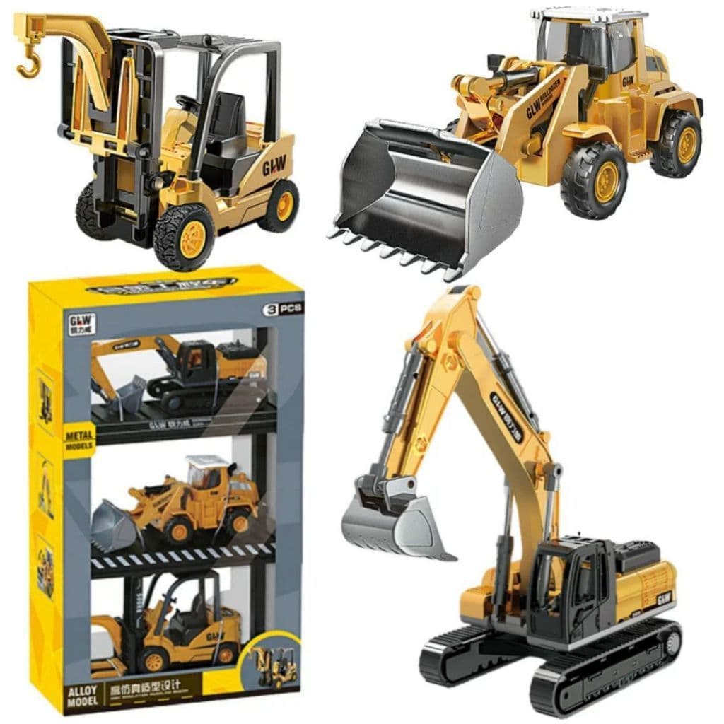 Kit 3 Veículos de Construção em Metálica – Escavadeira + Pá Carregadeira + Empilhadeira