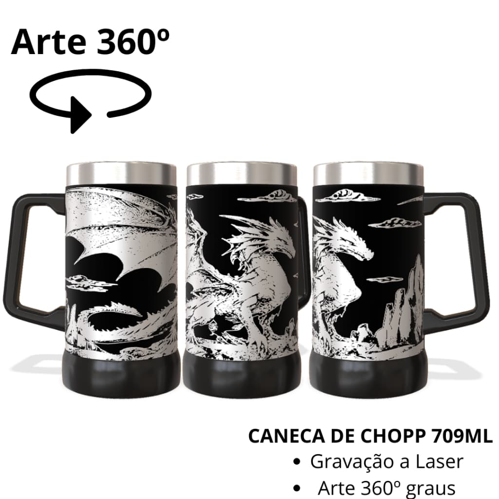 CANECA TÉRMICA DE CHOPP 709ML COM ARTE A LASER 360 GRAUS TEMA: DRAGÃO LONG NECK 6EM1 COPO 473ML CUIA 350ML