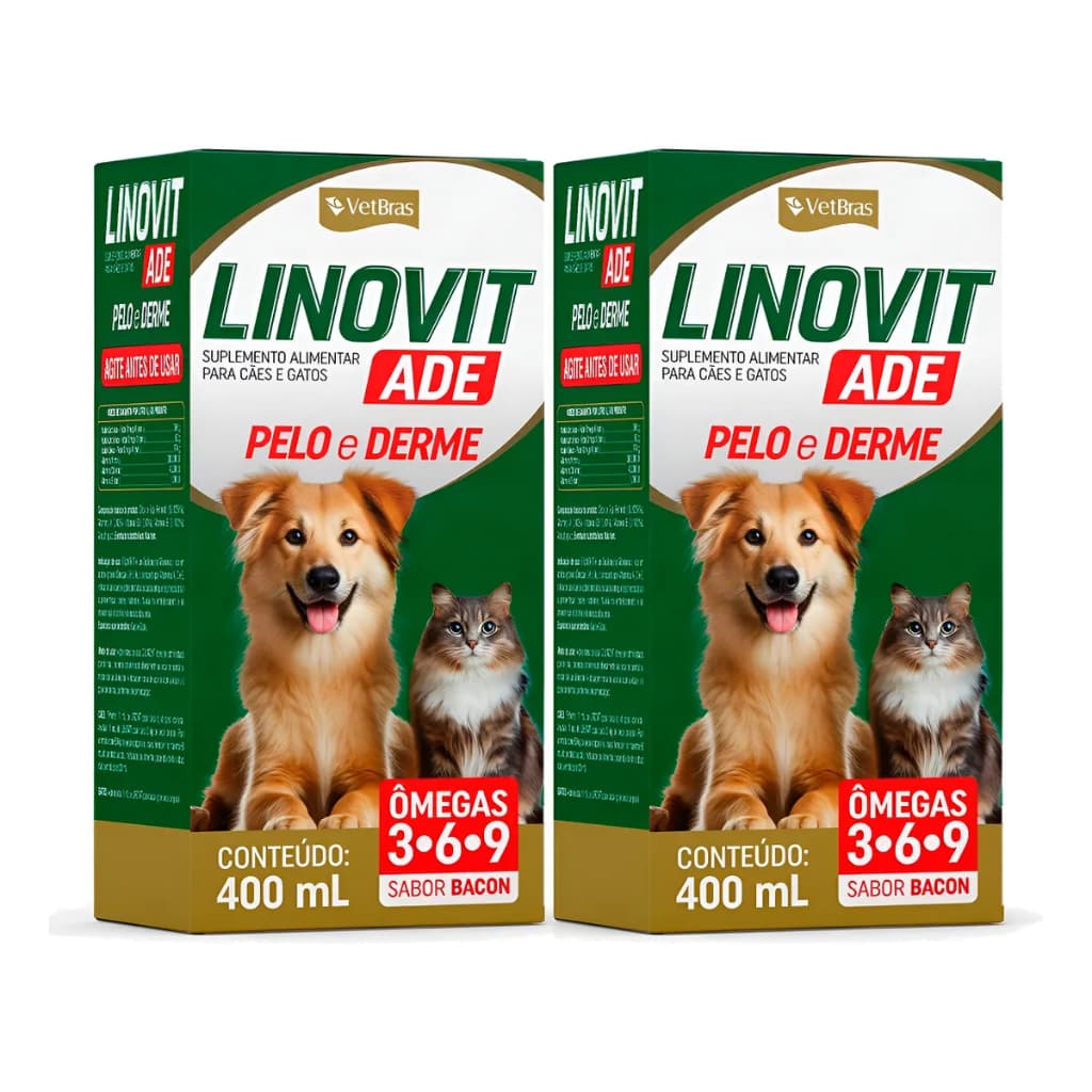 Kit 02 Linovit Ade Suplemento Vitamínico para Cães e Gatos Vetbras 400ml