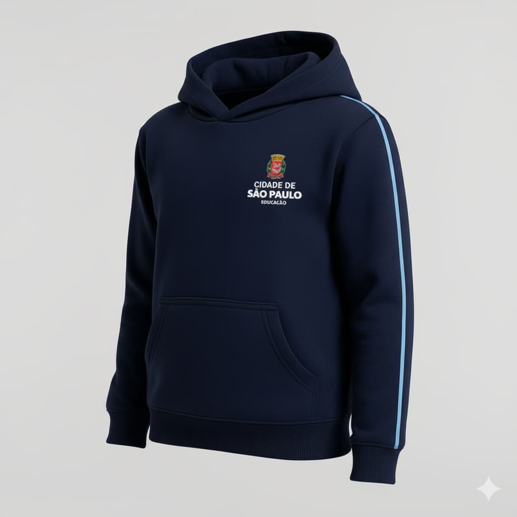 BLUSA MOLETOM ESCOLAR PREFEITURA DE SÃO PAULO AZUL MARINHO COM BOLSO E CAPUZ | TAM 02 AO EG