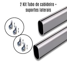 2 Kits Tubo de Cabideiro Oval  Arara para Guarda-Roupas + Suportes Laterais e Parafusos