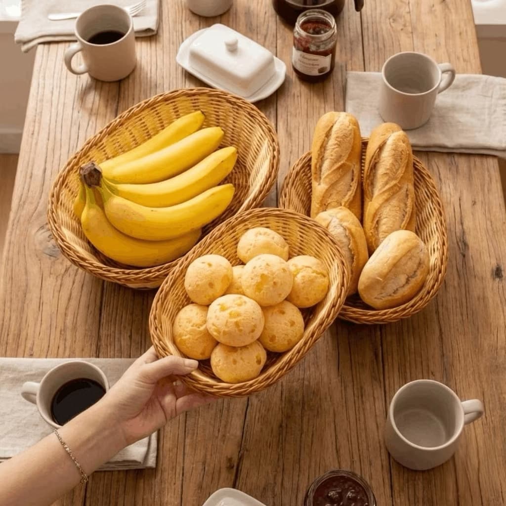 Cesto de Rattan Retangular para Pães e Frutas – Organizador Decorativo Multifuncional 3 Tamanhos