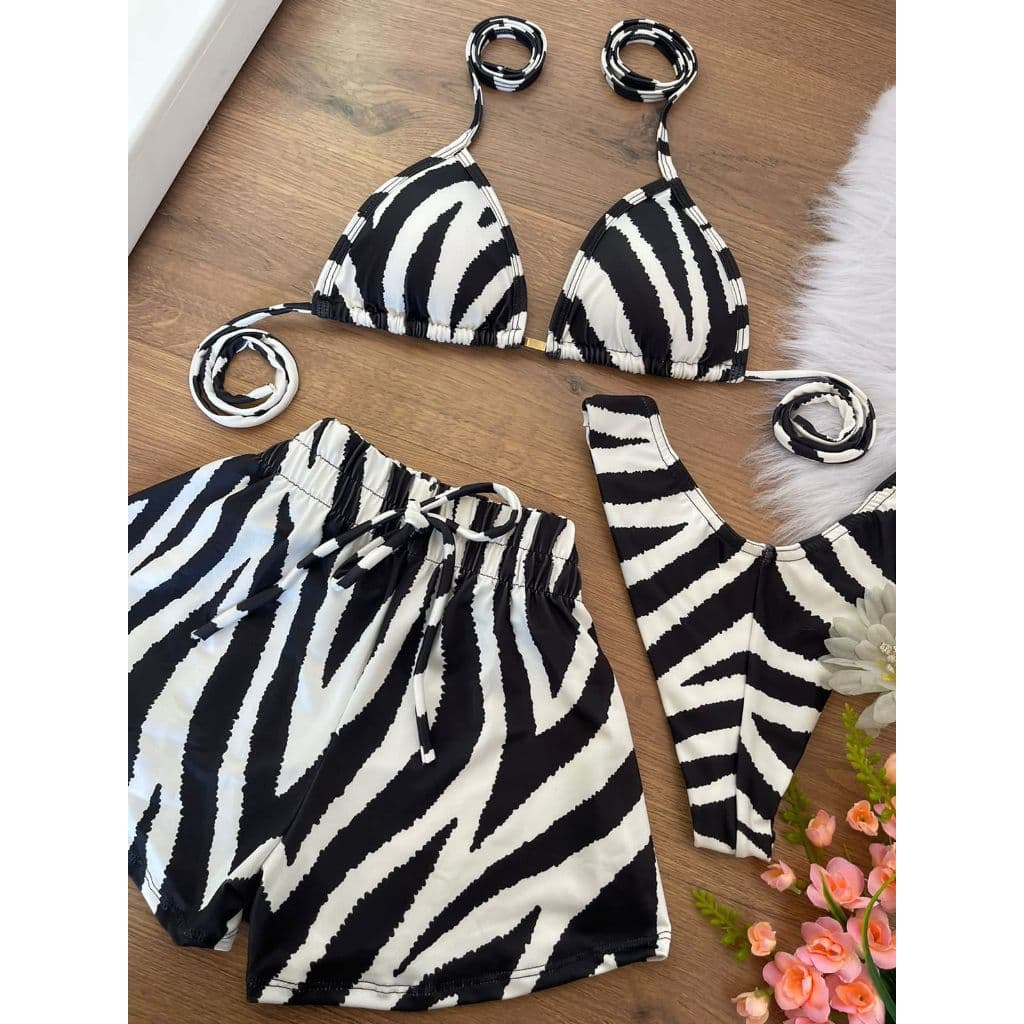 Conjunto Biquíni Cortininha + Shortinho | Look Feminino Praia Colorido Verão Estiloso Zebrado