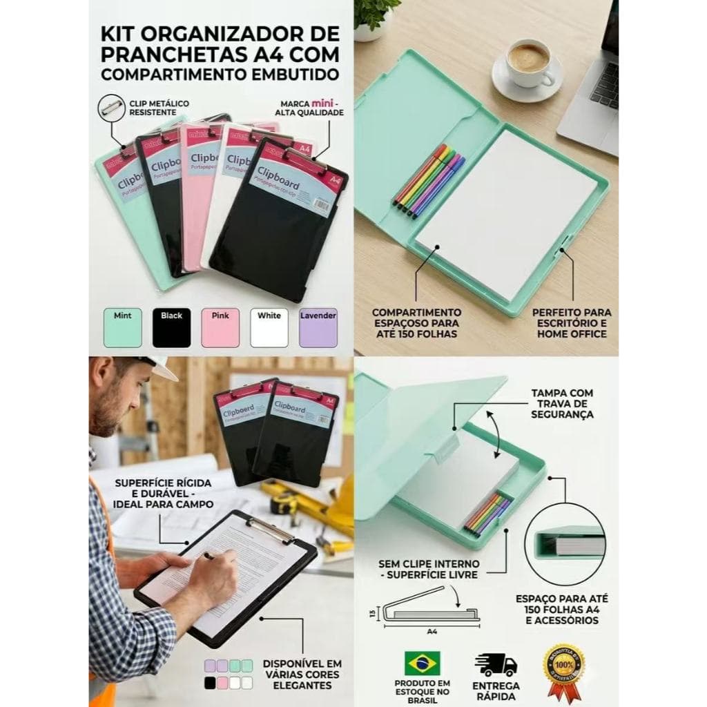 Prancheta Organizadora com Compartimento e Clip Metálico - Tamanhos A4 Para Escritório e Home Office
