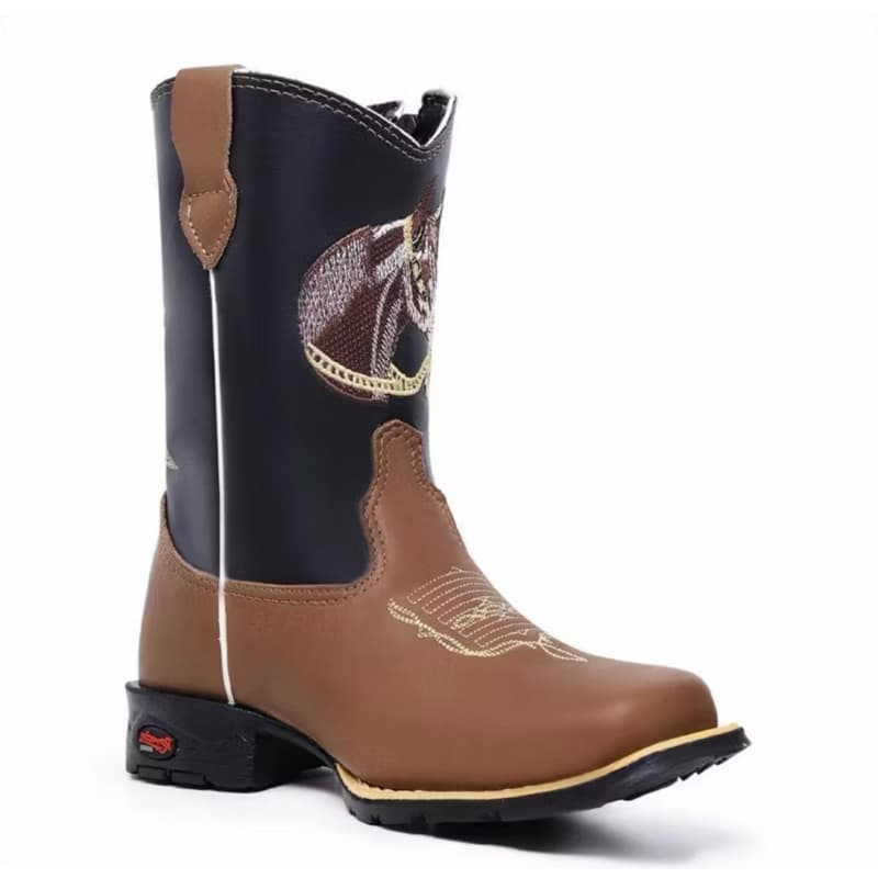 Botas Infantil Texana Masculina Menino Bordada Cavalo Cowboy Texana Bico Quadrado Couro Legitmo