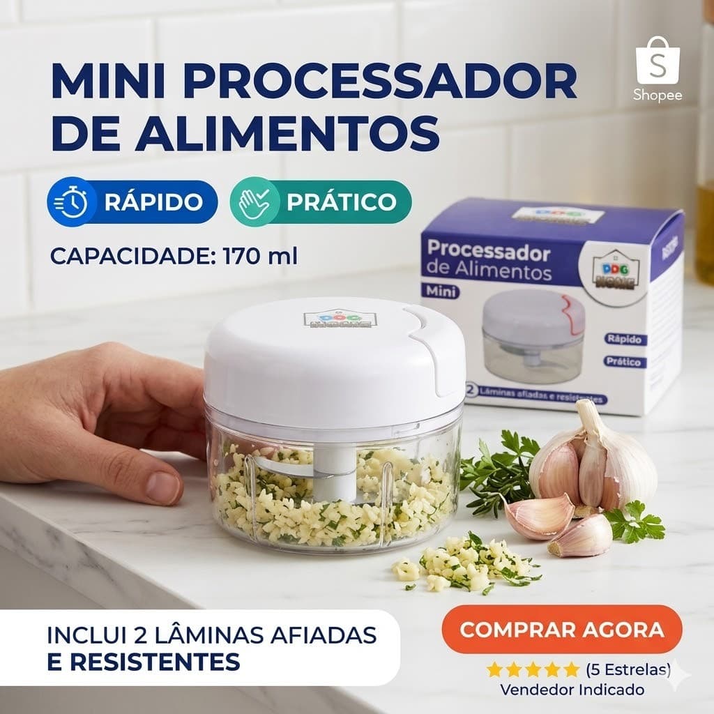 Mini Triturador Manual Alimentos Com Corda Retratil E Lâminas Duplas Portátil
