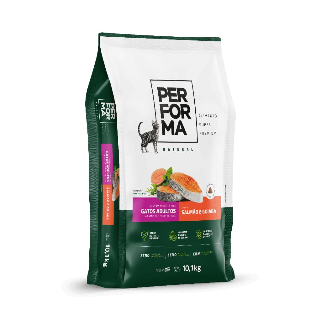 Ração Performa Natural Gatos Adultos 10,1kg Super Premium Salmão e Goiaba Alta Proteína 33%