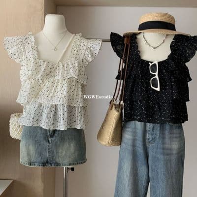 Blusa de chiffon feminina modelo curto sem mangas estampa floral delicada estilo sweet e moderno com manga flutuante
