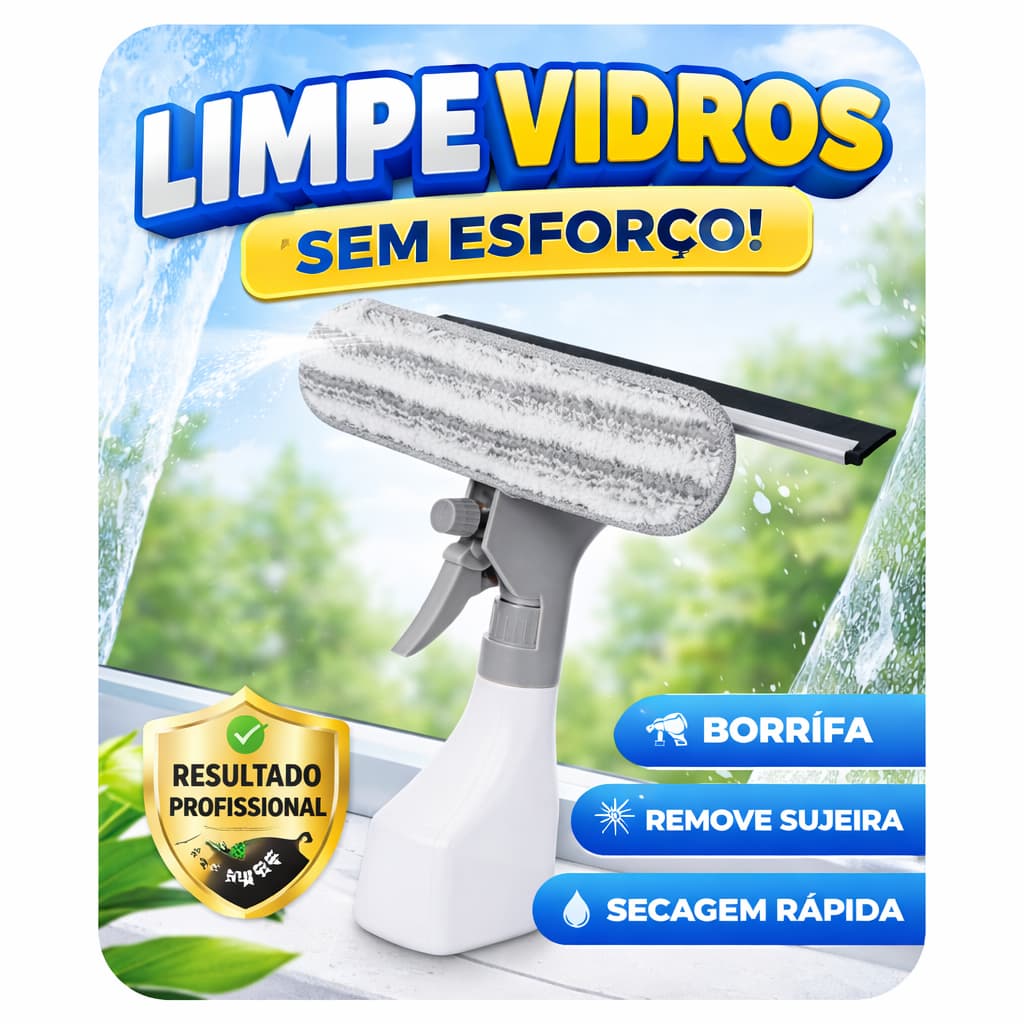 Rodo Limpa Vidro Portátil com Spray e Reservatório Limpeza Vidro, Box e Espelho