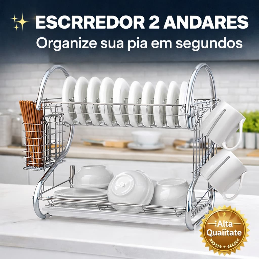 Escorredor de Louça 2 Andares Inox Porta Copos Talheres Organizador de Pia Cozinha Suporte Pratos Cozinha