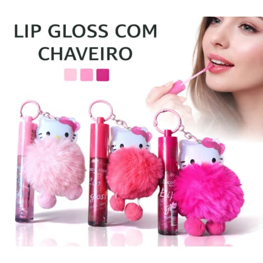 Lip Gloss com Chaveiro Gatinho PomPom 8ml Hidratante Brilho Labial Fofo Portátil NOVO MODELO