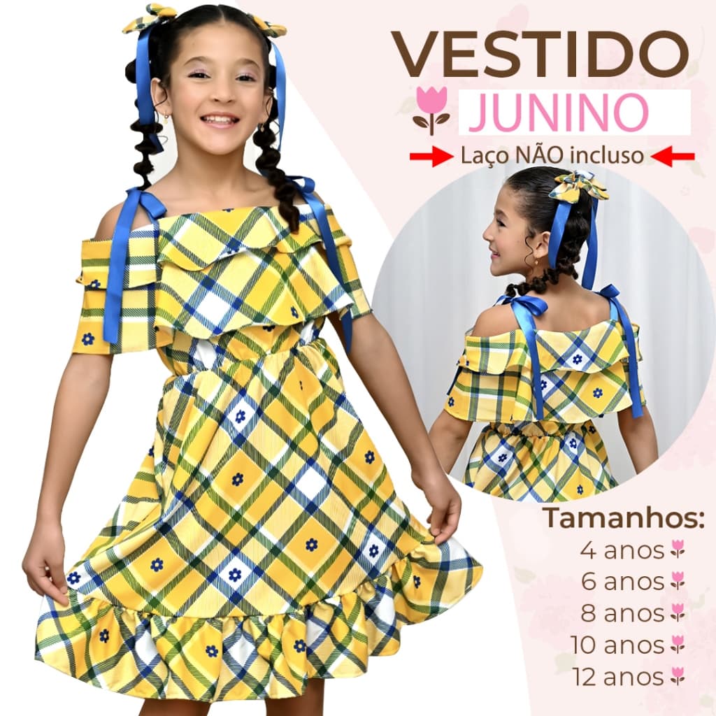 Vestido Infantil Menina Lançamento Babado Junino Xadrez Exclusivo Colorido Delicado Cores Vibrantes 4 a 12 Anos