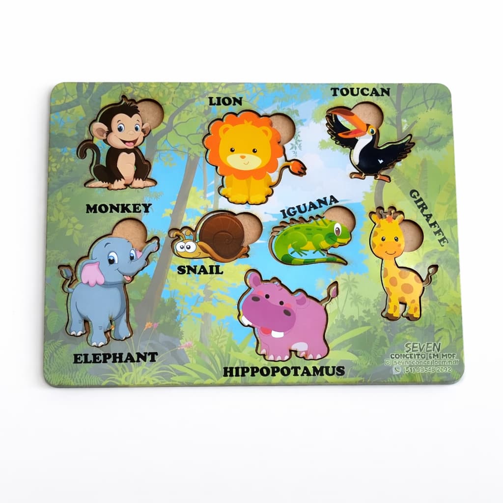 Brinquedo Quebra Cabeça Educativo Jogo de Encaixe Animais Selva Alto Brilho 19x25cm