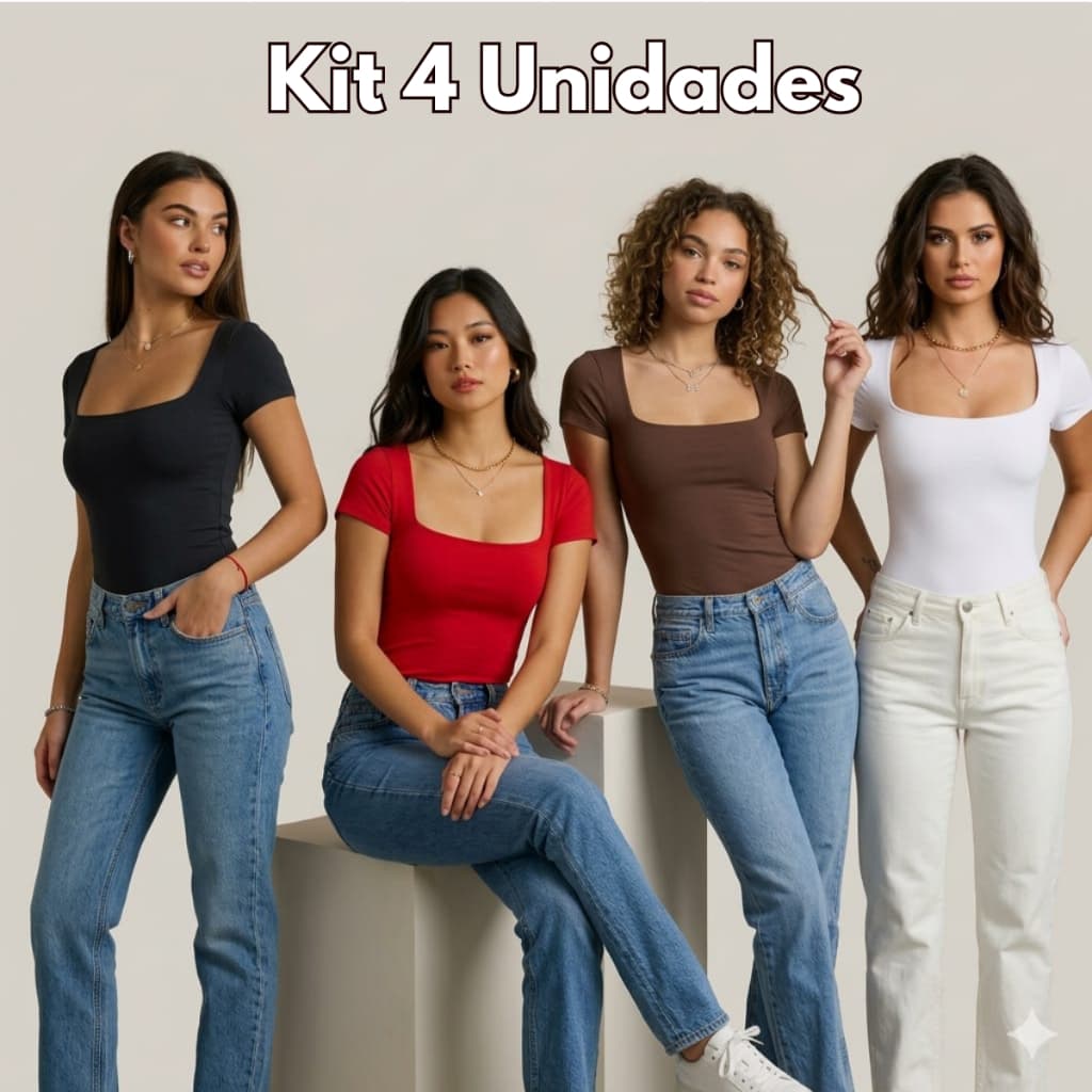 Kit Com 4 Blusinha Baby Look Manga Curta Com Forro Frontal Verrão Tendencia Básica No Tecido Suplex