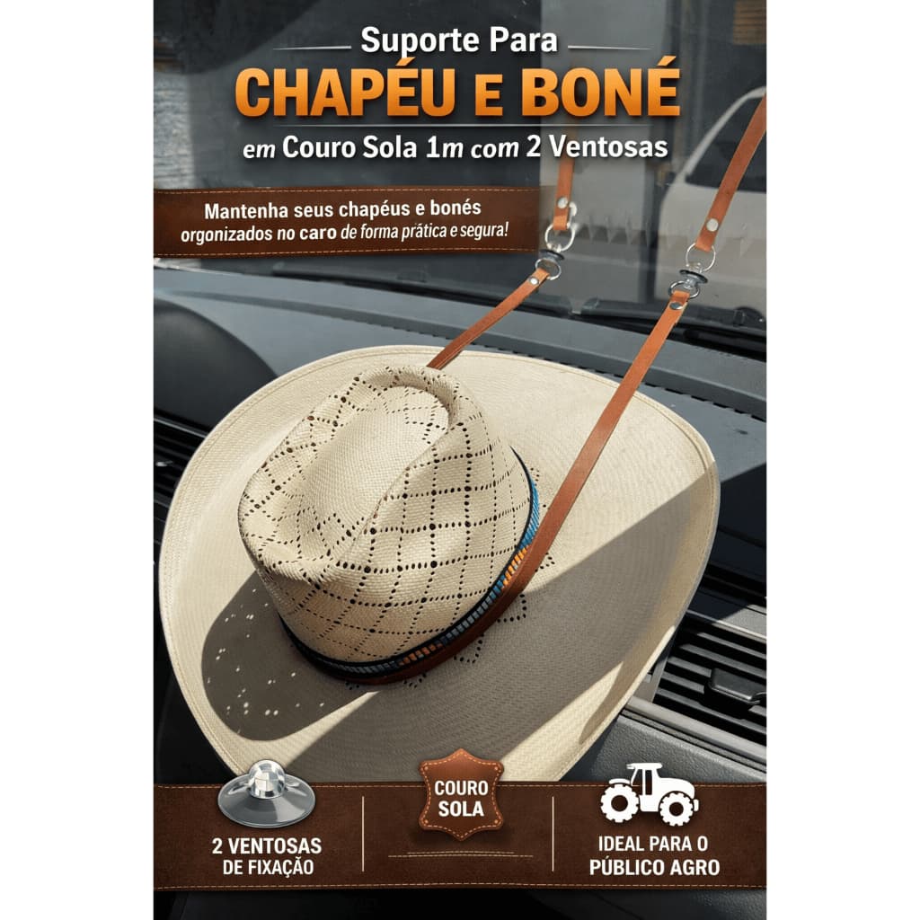 Suporte Para Chapéu ou Boné em Couro 1m com 2 Ventosas Para Vidro Porta Carro Agro