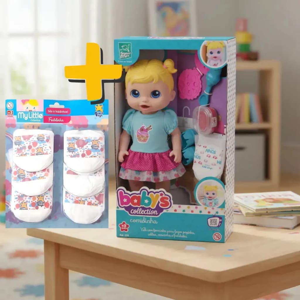 Kit Boneca Articulada Comidinha Come E Faz Caquinha C/ Acessórios + 6 Fraldas P/ Boneca