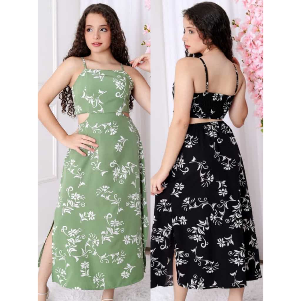 vestido longo juvenil com abertura lateral e fenda primavera verão
