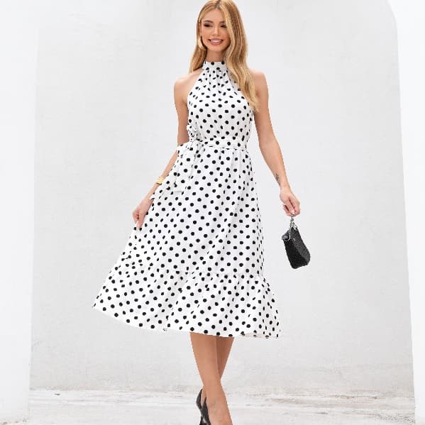 Vestido Midi Cava Americana Laço Amarração Cintura Feminina Poá Bolinha Tendência Luxo Elegante PM G