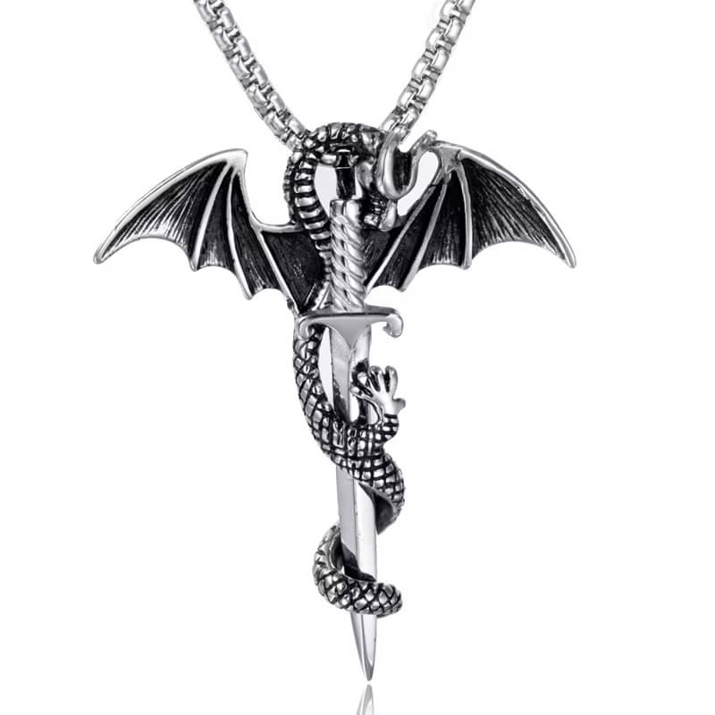 Colar Masculino Vintage De Aço Inoxidável 316L Gótico Pterosaur Dragão Espada Cruz Pingente Motociclista Punk