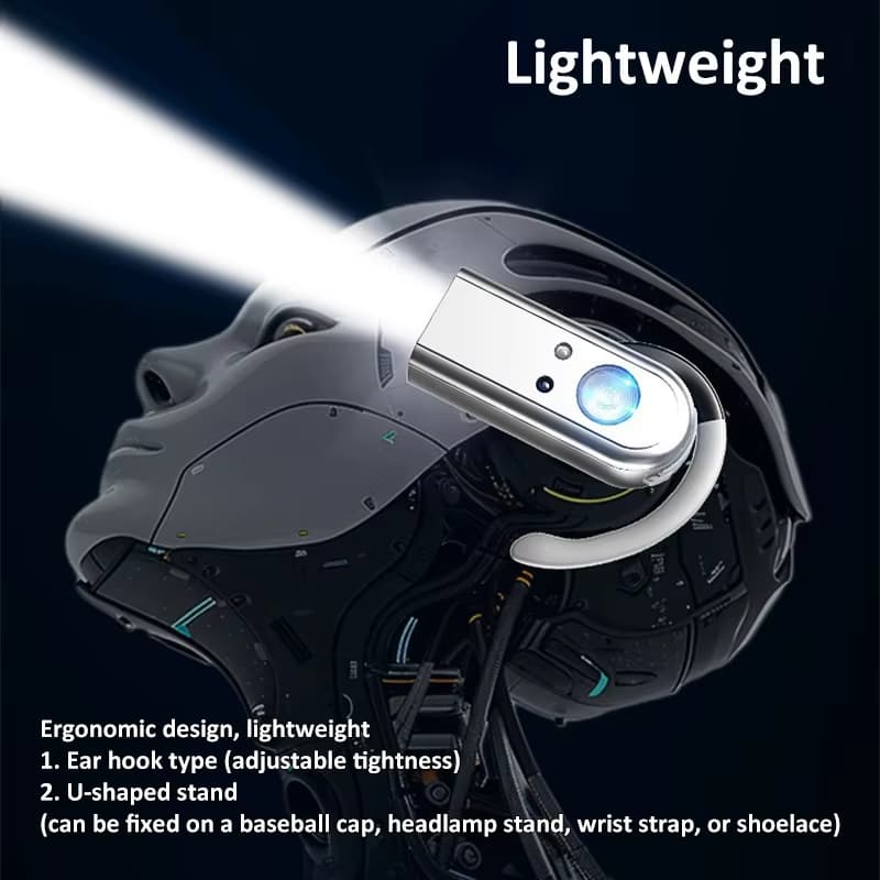 Lanterna de cabeça portátil com sensor de presença e gancho para orelha, ideal para pesca noturna e ciclismo.