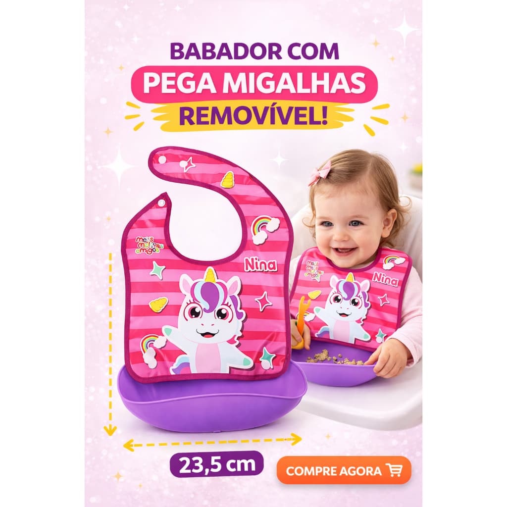 Babador Infantil com Pega Migalhas Silicone Impermeável Ajustável Bebê Fácil Limpeza