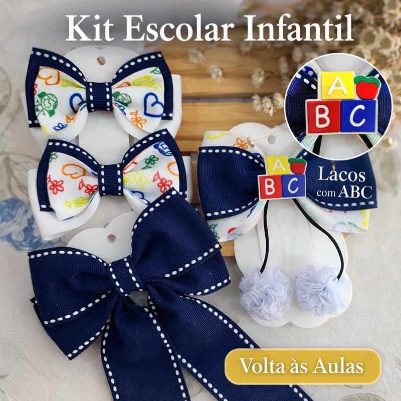 Kit Laços Escolares Infantil Completo Laço Grande, Parzinhos e Laço com Pom Pom para Menina Escola Azul Marinho