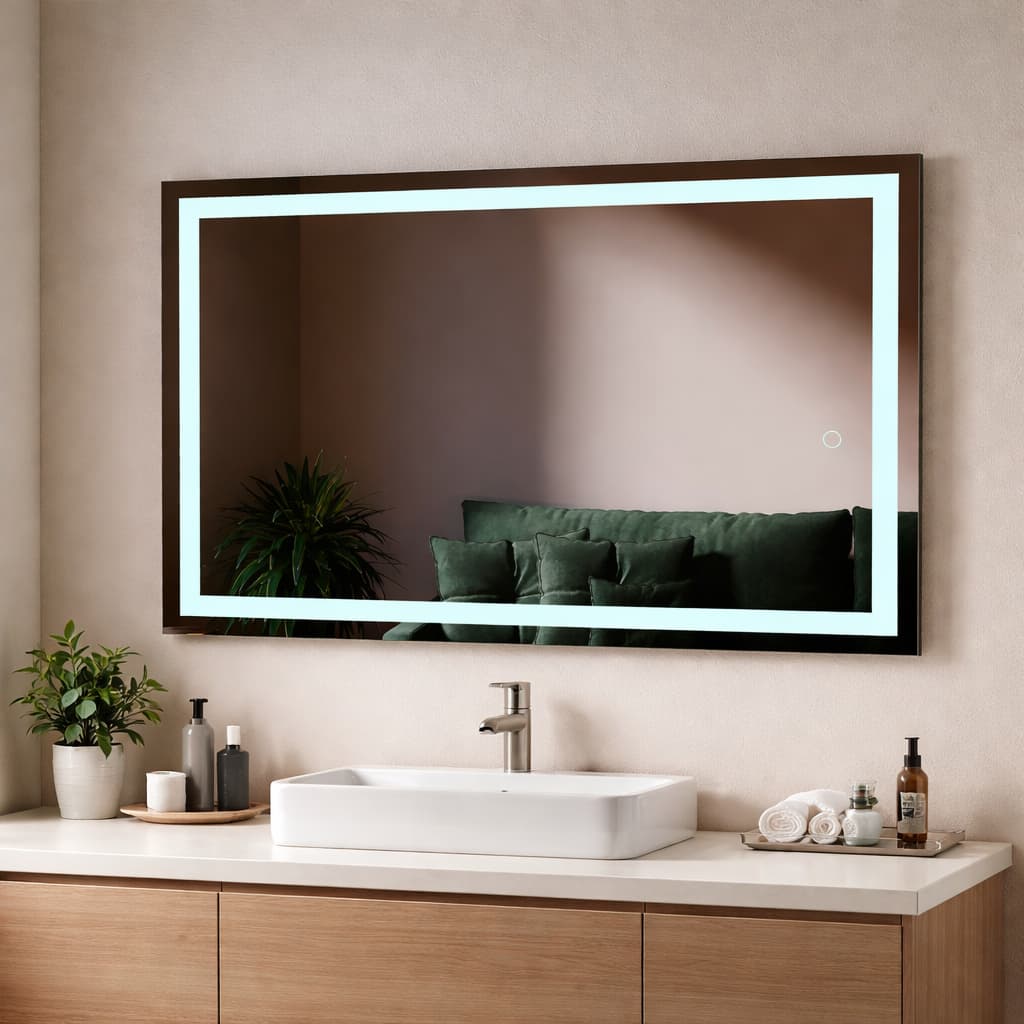 Espelho Retângular Jateado 80x60 LED Multicolor Touch Decorativo Moderno Parede Banheiro Sala Quarto