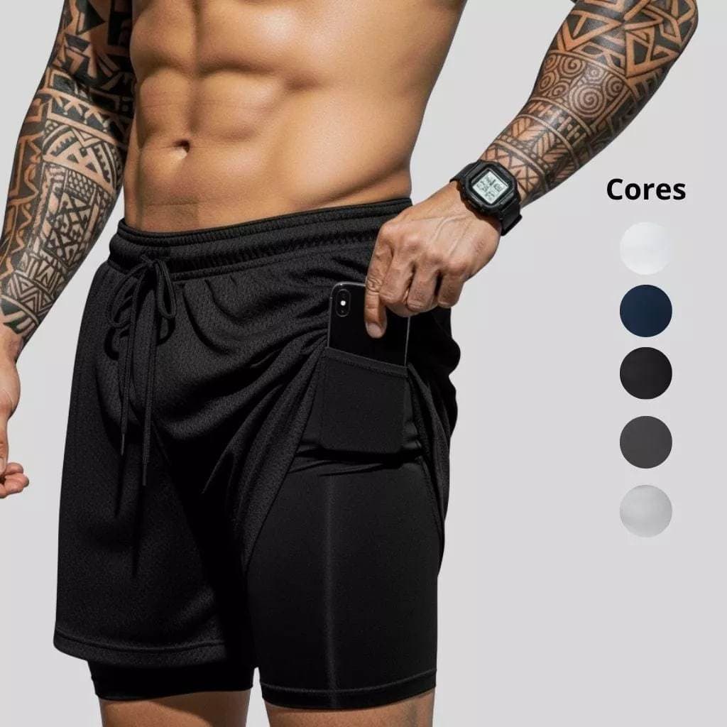 Bermuda Masculino 2 em 1 Academia Corrida Dry Fit Com Bolso