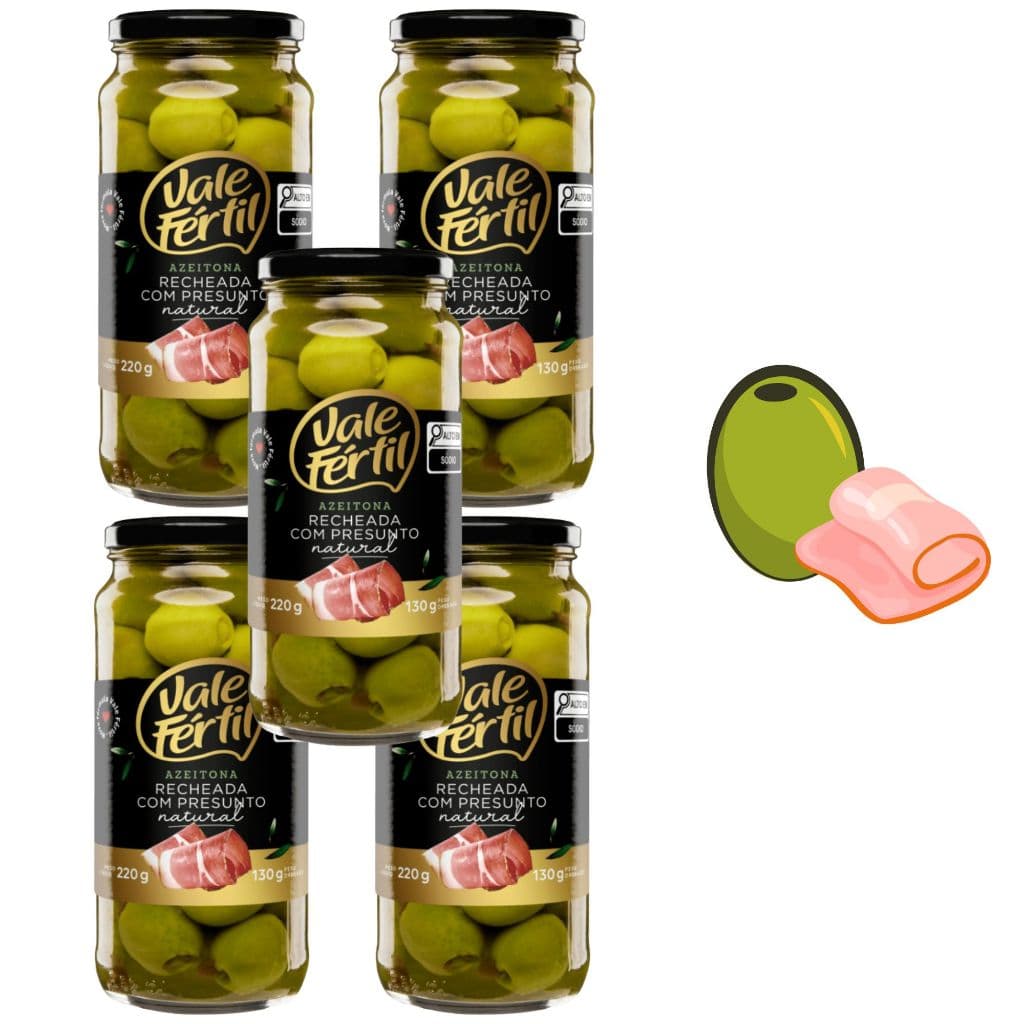 Kit 5 Azeitonas Verdes Recheadas C/ Presunto Vale Fértil 130g