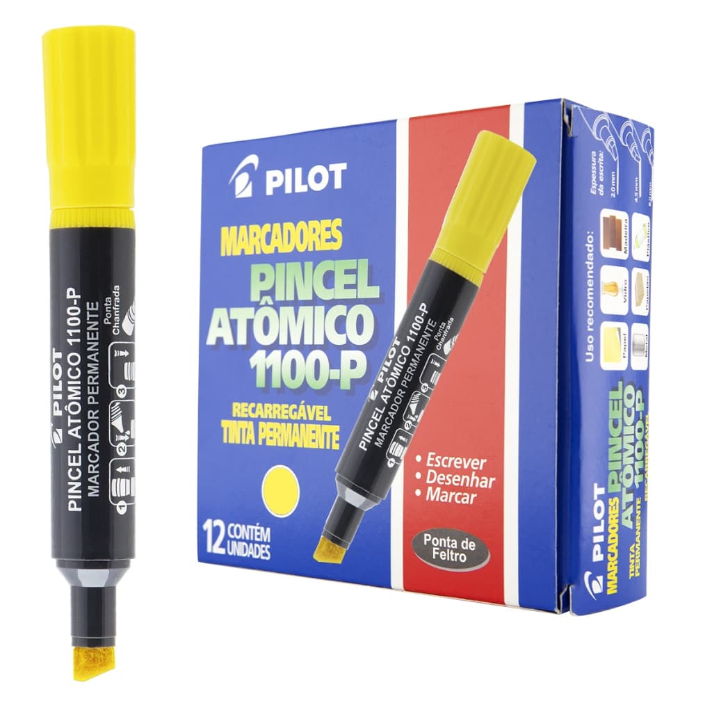 Caixa 12 Pincel Atômico AMARELO Pilot Marcador Permanente 1100-P Chanfrado