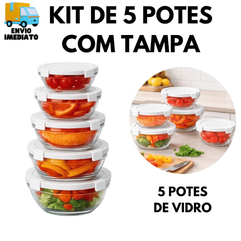 5 Potes De Vidro Com Tampa Hermética Branca 5 Tamanhos Para Conservação De Alimentos Dia das Mães