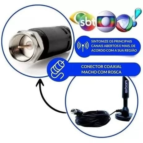 Antena Digital para TV 5 metros , Interna e Externa, Sinal TV, HDTV, 4K, FM, UHF, Base Imã, Prova d'água