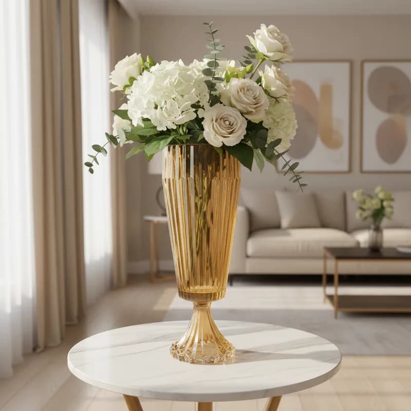 VASO FIRENZE CANELADO ALTO COM PÉ VIDRO DOURADO 39CM
