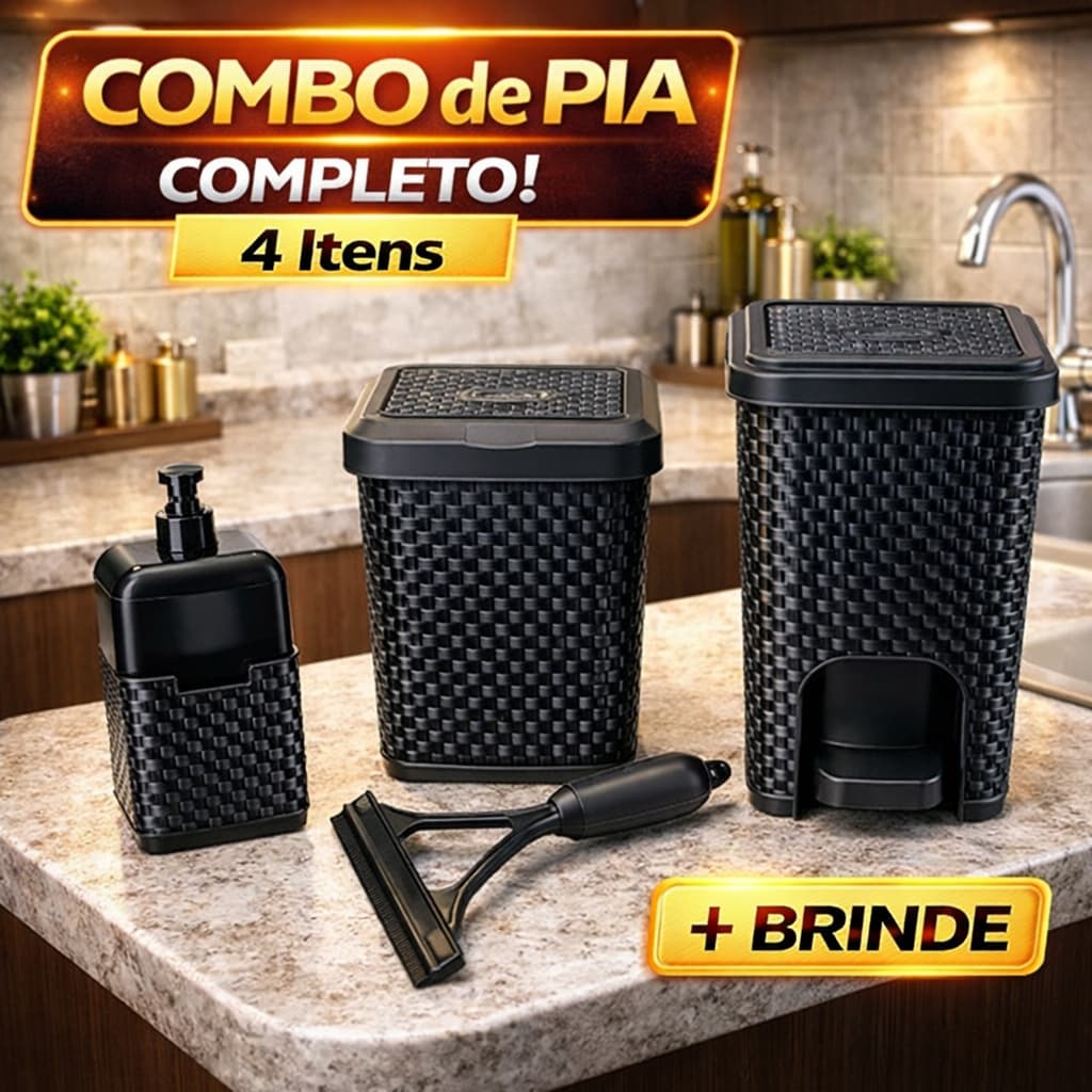 Combo cozinha 4 itens- Lixeira Pia 5L + Lixeira 7L com Pedal + Porta Detergente + Rodinho