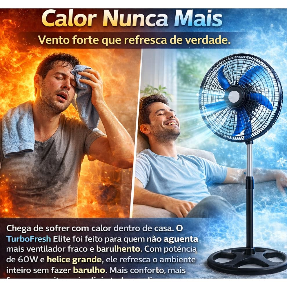 Ventilador de Pedestal 127V 60W Potente Silencioso Ajustável 3 Velocidades TurboFresh Elite Preto