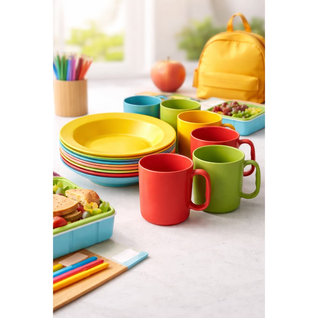 Kit Escolar Infantil 5 Prato e 5 Caneca Plástico Resistente Colorido Merenda