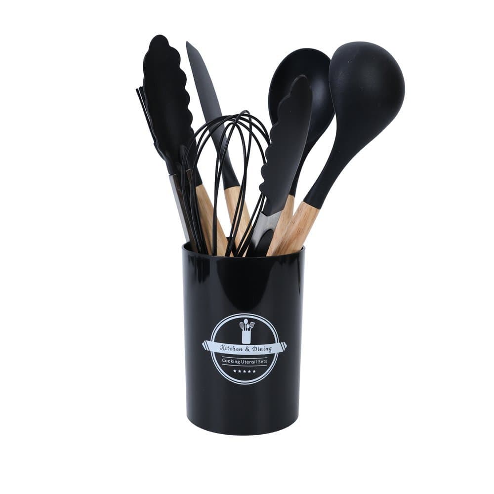 Jogo de utensilios de cozinha com 7 Peças de Silicone com Cabo de Madeira - vermelho ou preto