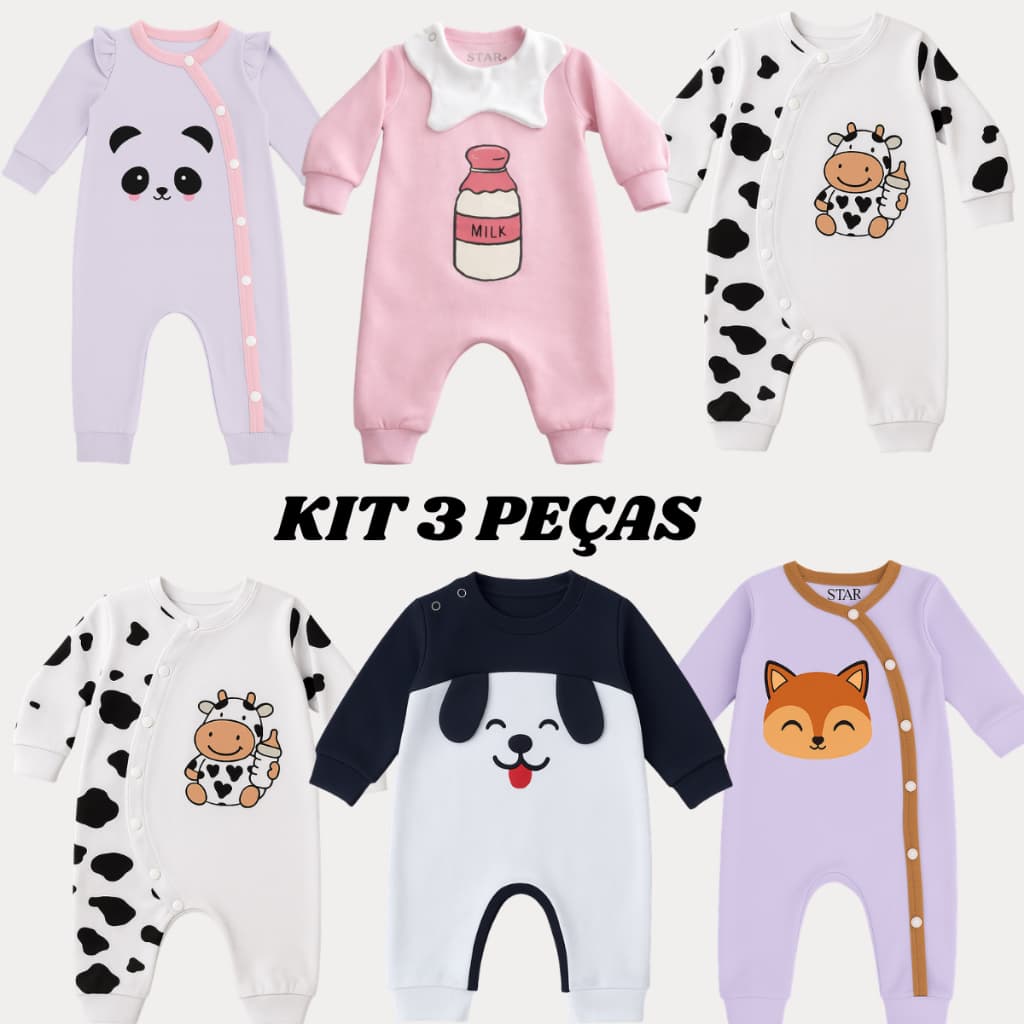 Kit Macacão 3 Peças Menina 100% Algodão Macio Antialérgico Estampas Divertidas