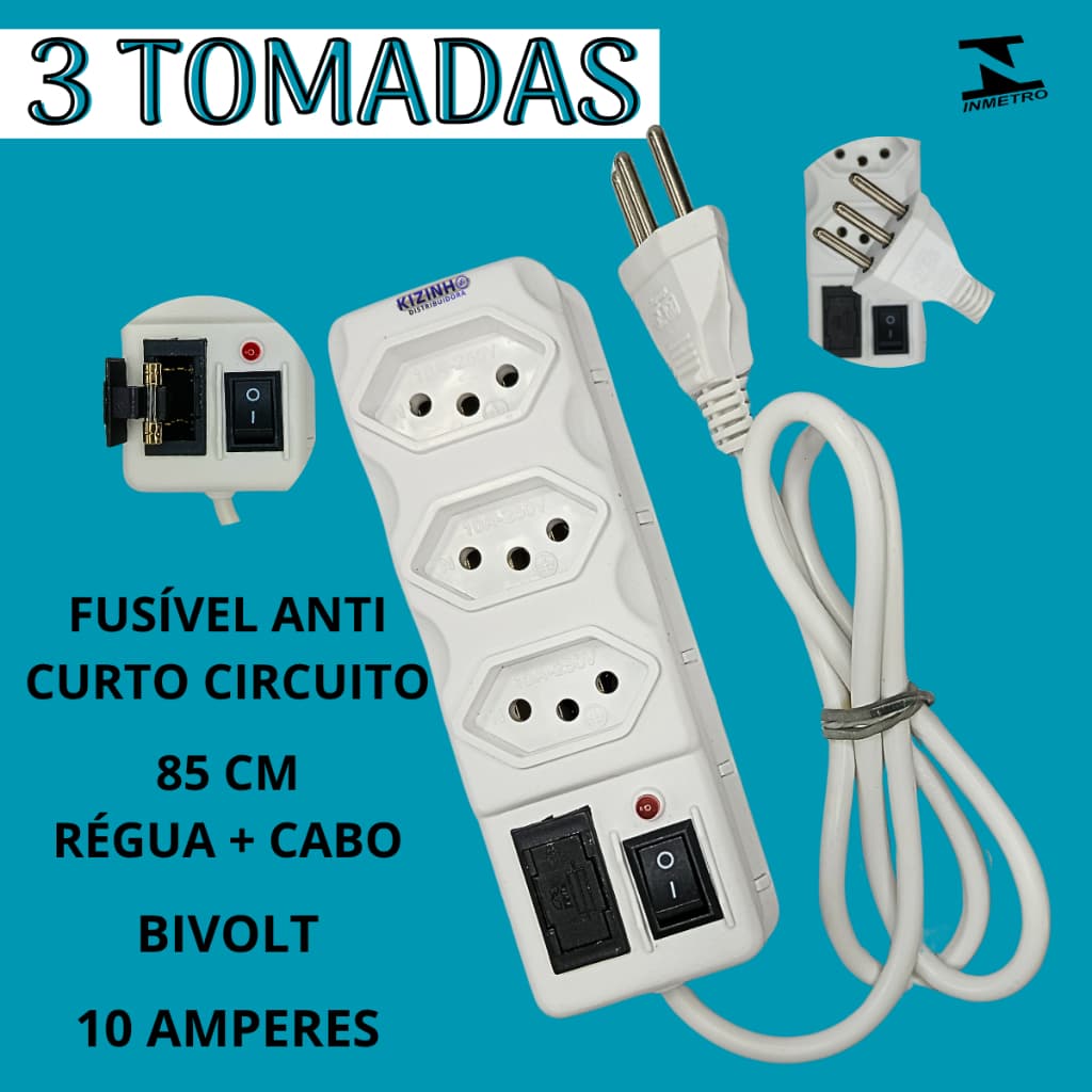 Filtro de Linha Régua 3 tomadas Tripolar 10A Fusível 3A 85cm Régua + Cabo Mais Praticidade no seu dia