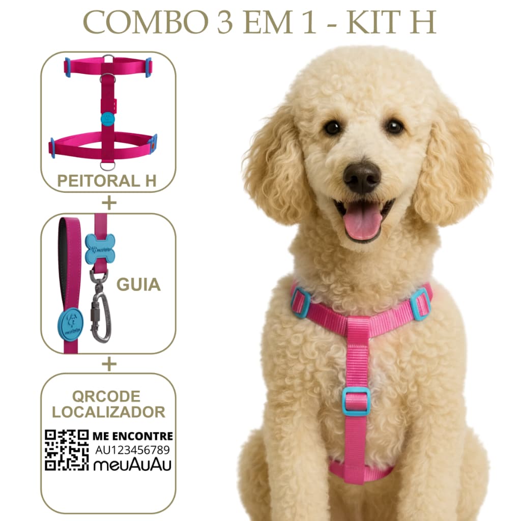 Kit H 3 em 1 Com Peitoral H Para Cachorro, Guia Tradicional e QR Code Localizador